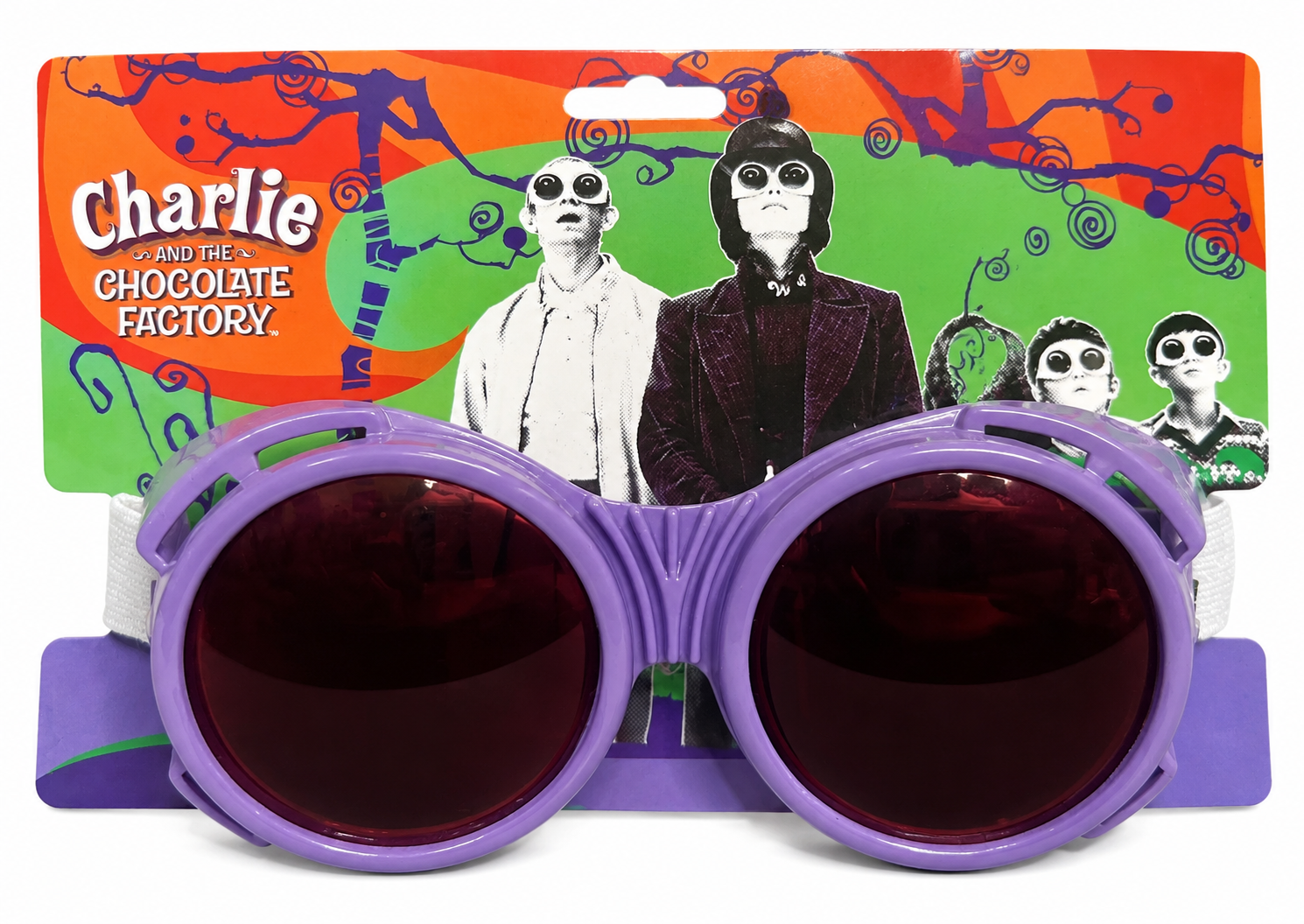 Charlie and the Chocolate Factory purple Wonka goggles on retail card