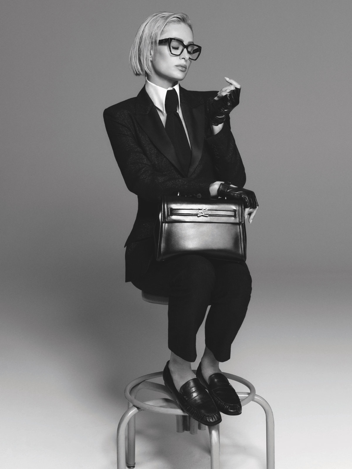 Paris Hilton Karl Lagerfeld black-and-white handbag campaign
